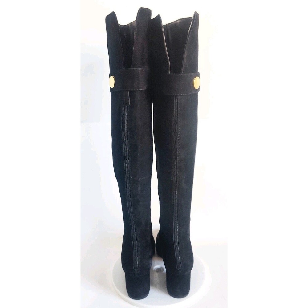 Nine West Knee‎ High Boots Size 7.5 Black Suede Leather Block Heel Zip Riding - Picture 3 of 16